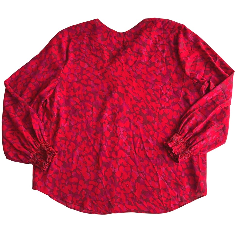 Gibson Latimer Women XXL Balloon Sleeve Blouse Red Pink Leopard Print Top V-Neck